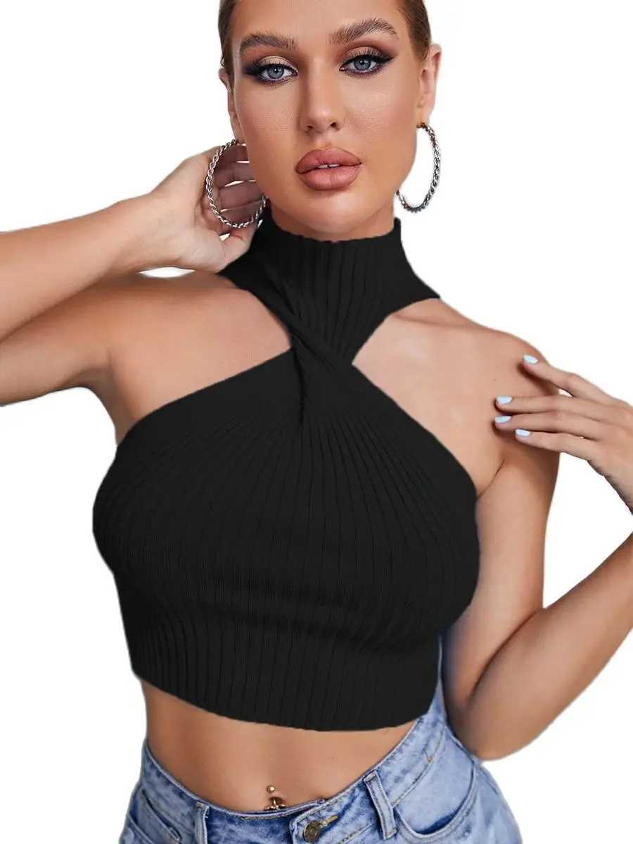 Summer Women Halter Neck Twist Front Knit Cute Crop Top Femme Casual Sveless Stretch Y2K Cropped Clothes Corset Tank ClothesXJ250212
