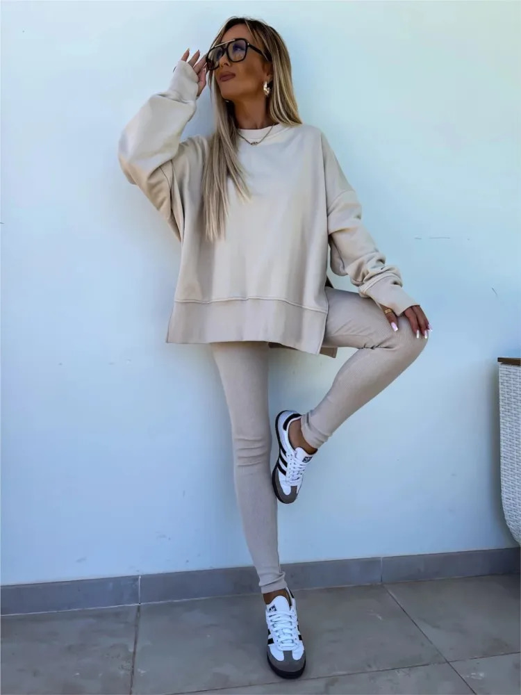 2024 Spring Autumn Womens Tight Pants Loose Slit Hoodie Set Casual Comfortable Twopiece 250211Z