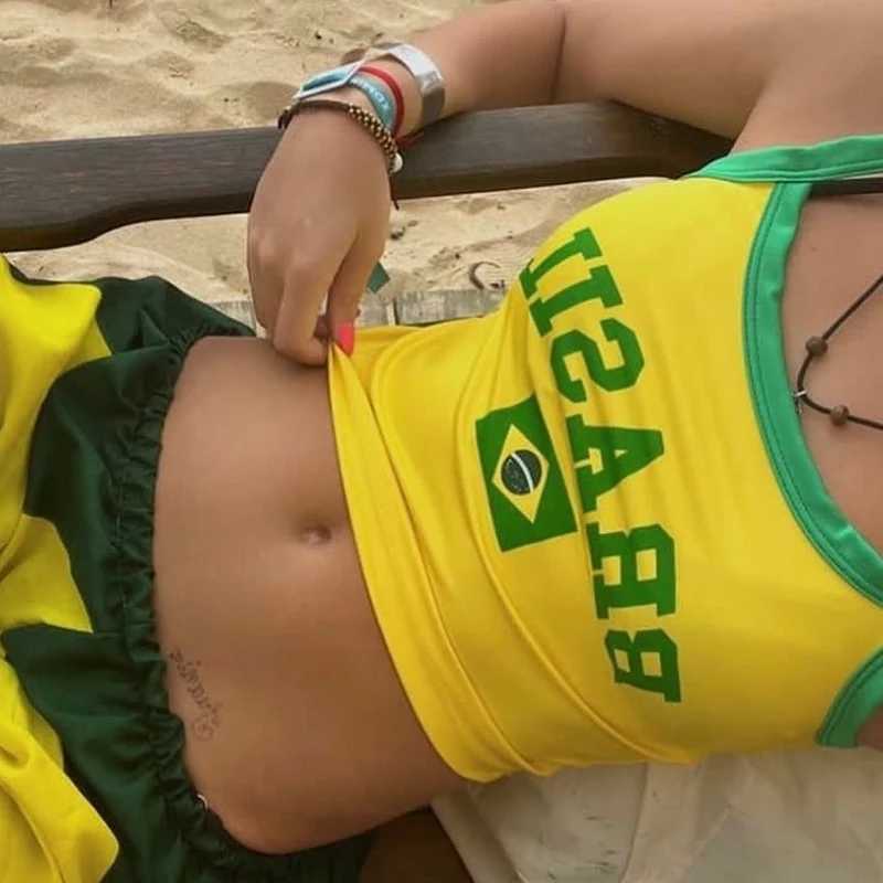 Brasil Letter Printing Y2K Harajuku Gothic Womens Cropped Fashion Summer Slim Streetwear Korean Strap Sensual Tank Tops CamisXJ250212