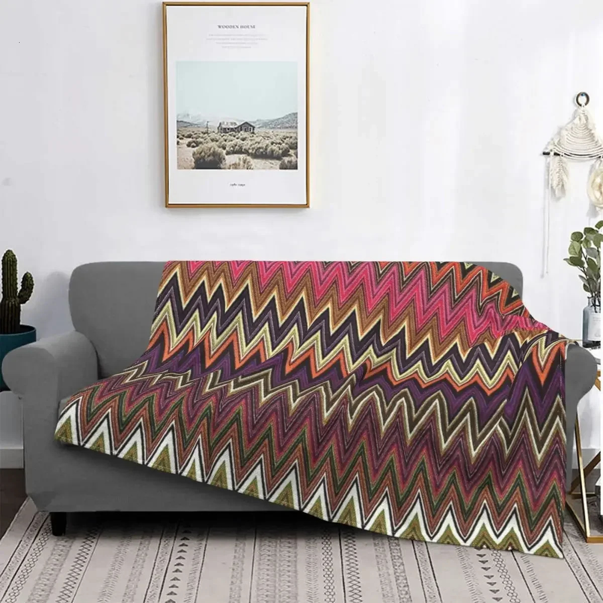 Boho Chic Modern Zigzag Pattern Flannel Throw Blanket Breathable Soft Autumn Geometric Multicolor for Couch Bedding Kids Adults 250212
