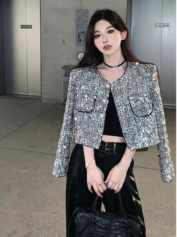 French Sequins Small Fragrant Tweed Coat For Women Fall Winter Korean Fashion Casual Jackets Elegant Outerwear Chaquetas 250210