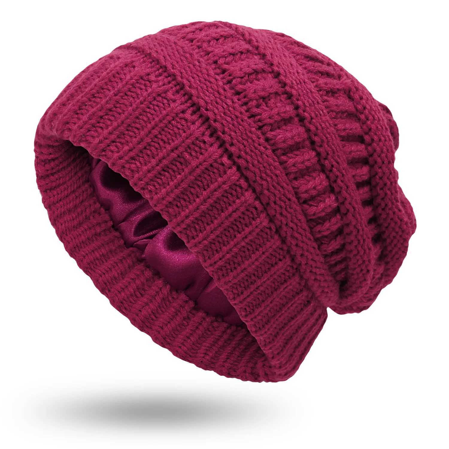 2022 Fashion New 9 Wens Winter Warm Knitted Hat Satin Silk Li Cable Knit Beanie Chunky Slouchy Skl Cap X250212