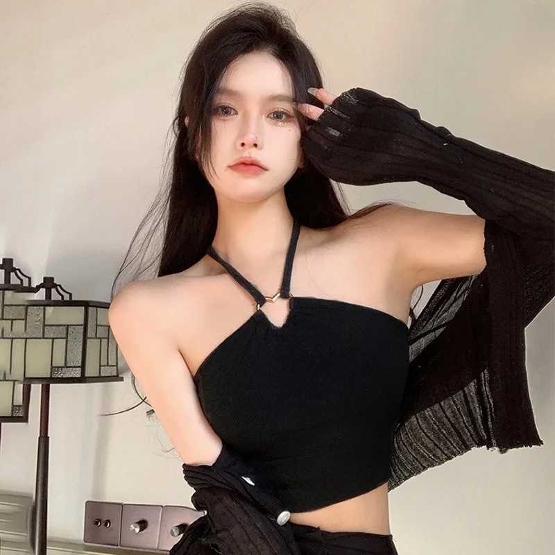 Y2K Slim Sexy Exposed Navel Crop Top Korean Women Tank Tops Solid Color Halter Sweet CamisoleXJ250212