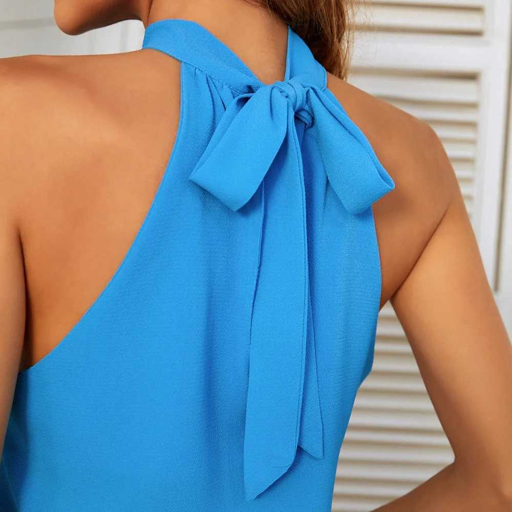 Women Summer Top 2024 New Neck Tied Chiffon Vest Sveless Top Fe Retro Casual Solid Sveless Tops Womens ClothingXJ250212