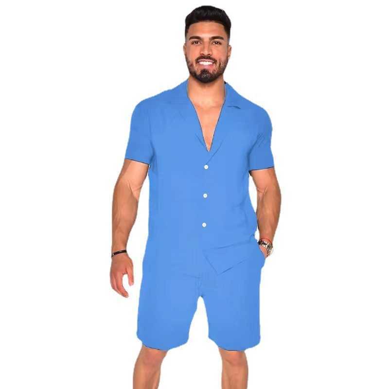 2023 Hawaiian Mens Summer Polo Collar Cotton Linen Solid Short Sleeve Shorts Set W250212