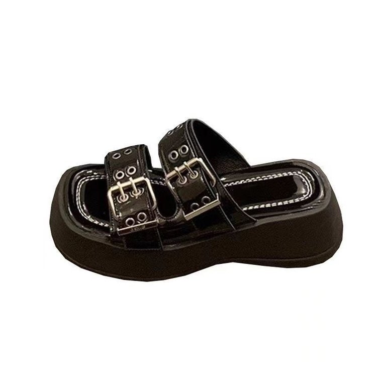 2025 new free shipping for womens designer sandals black sliver French style belt buckle thick soled height increasing slippers