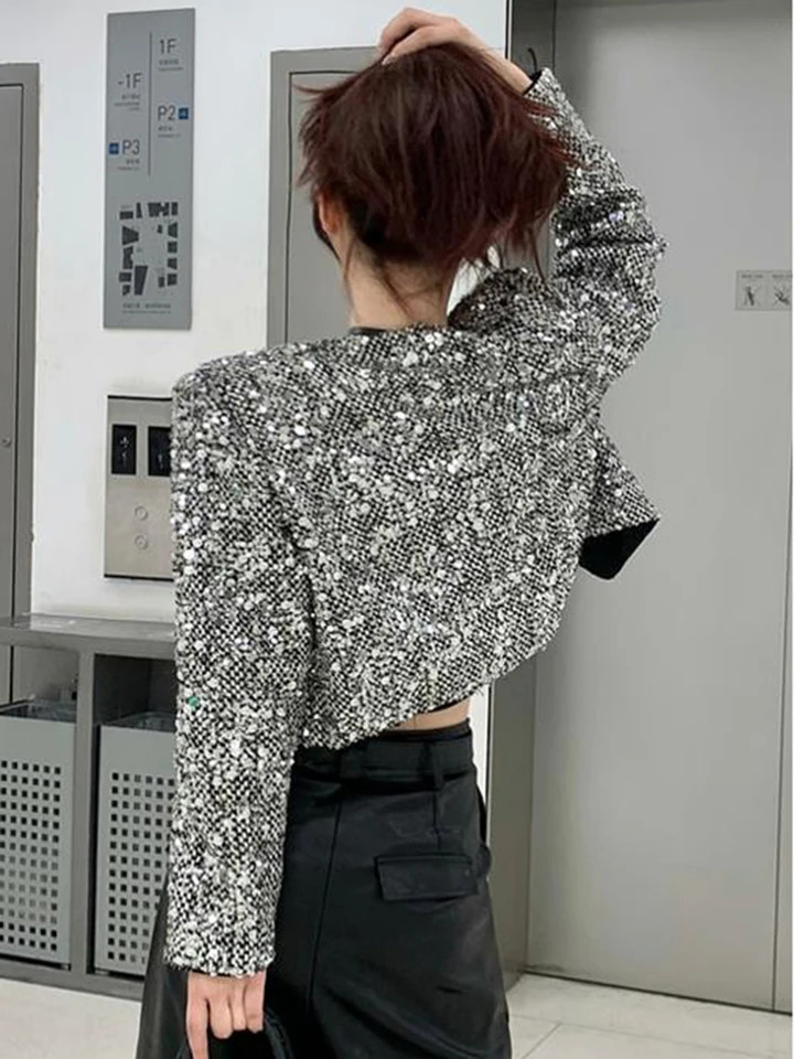 French Sequins Small Fragrant Tweed Coat For Women Fall Winter Korean Fashion Casual Jackets Elegant Outerwear Chaquetas 250210