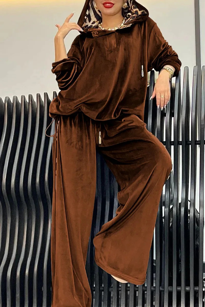 Women Autumn Winter Trouser Set Pants Set Solid Color Hooded Wide-leg Pants High Waist Casual Warm Fashion Comfortable Regular 250207