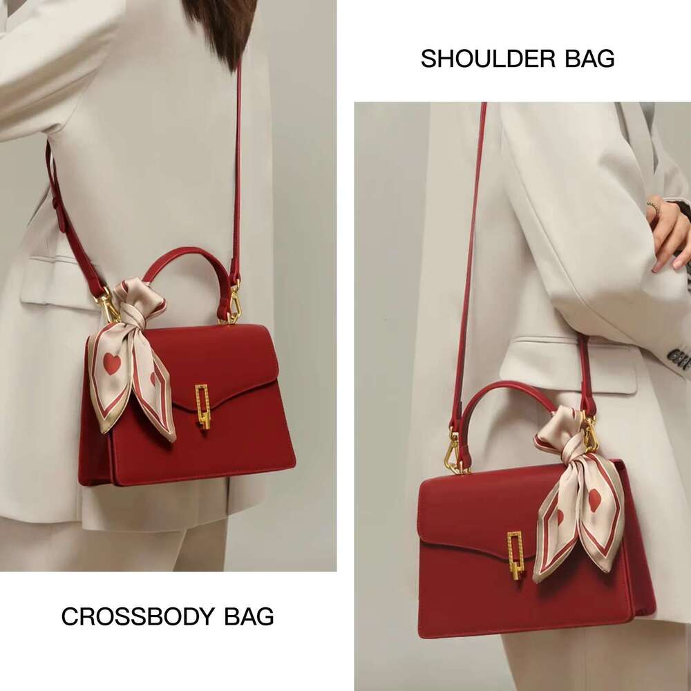 TOUTOU Cowhide Women Handbag Vintage Original Wedding Large Capacity Red Bridal Shoulder Crossbody Bag Christmas Gift