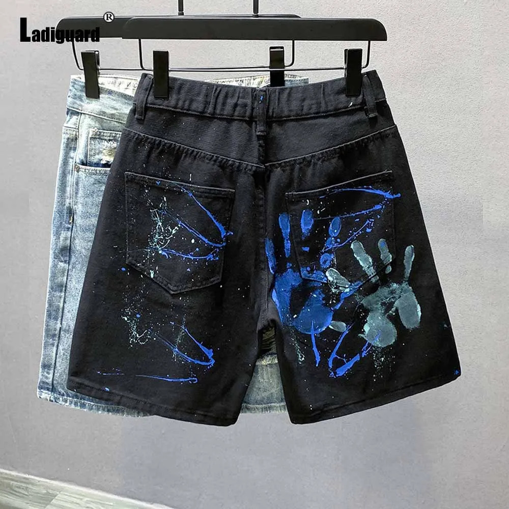 Men Vintage Ripped Demin Shorts European Fashion Zipper Pocket Short Jeans All-Match Color Letter Print Demin Shorts Hommes 250212