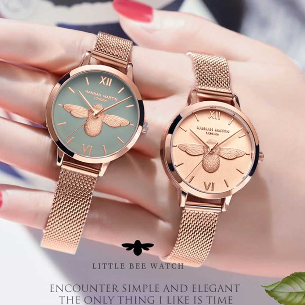 Hannah Martin 2023 New Women Luxury Watch Rose Gold 31mm Classic Casual Girl Dress Watch Bracelet Set 3D Engraved Bee Dial ClockXJ250213
