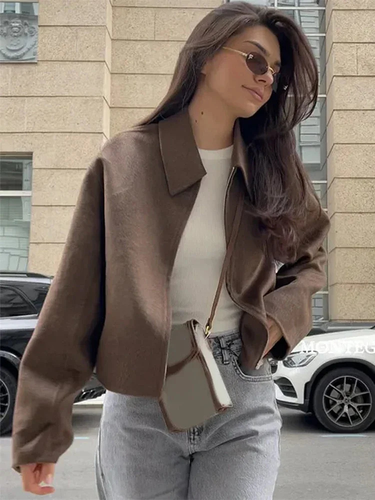 Fashion Brown Zipper Woolen Jacket For Women Elegant Lapel Long Sleeve Short Coats Female Vintage Autumn Lady Street Outerwear 250208