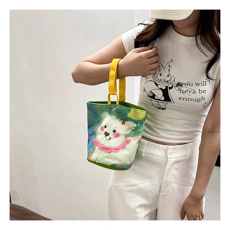 Oil Painting Tote Bag Japanese Cute Printing Shoulder Bag Outdoor Portable Handbag Cartoon Student Canvas Bag Shopping Bag 250207