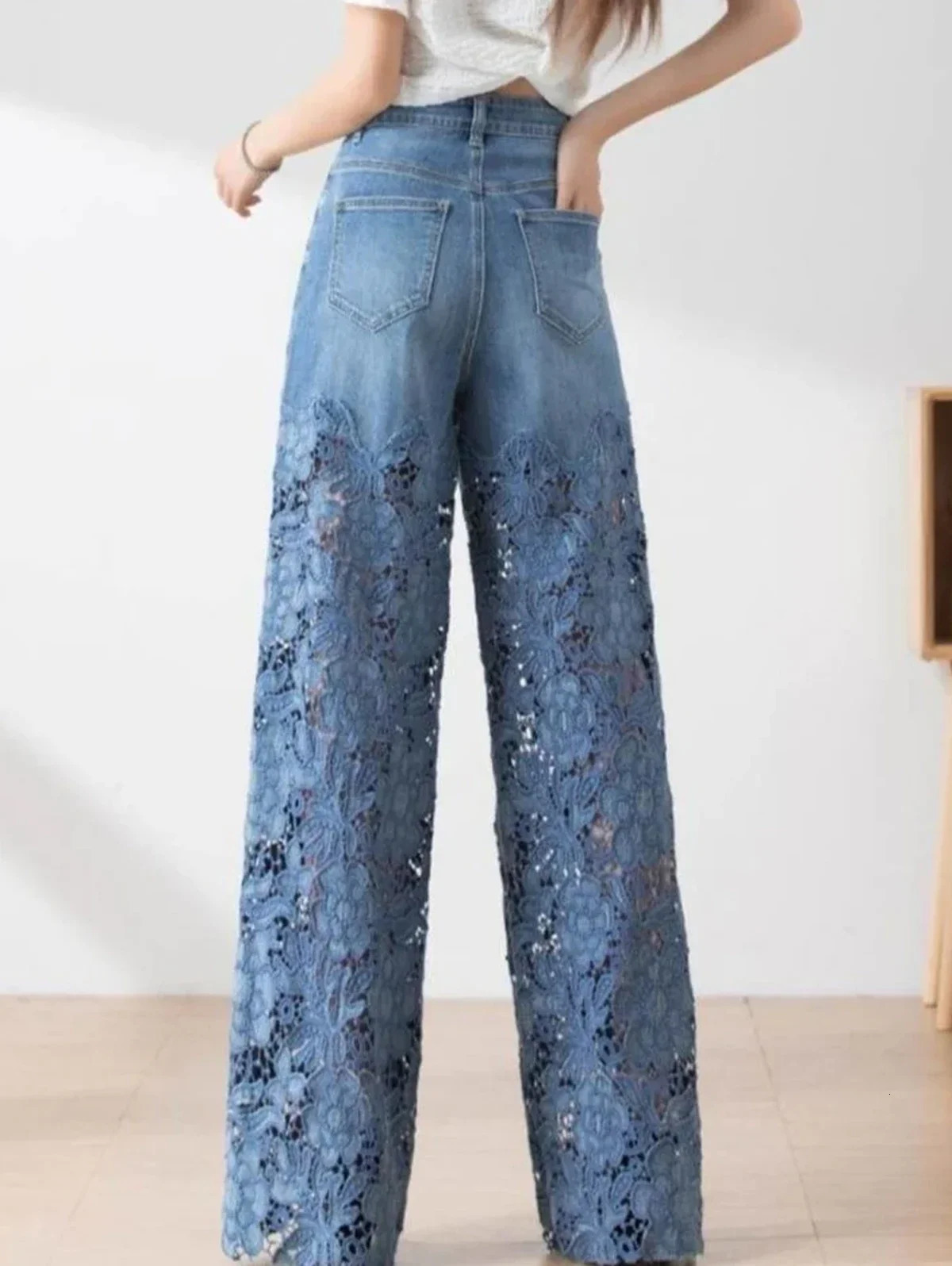 2025 Summer Fashionable High -Waisted WomenS Jeans Lace Rhinestone Patchwork Sexy Hollow Ladies Casual Loose Straight Jeans 250212