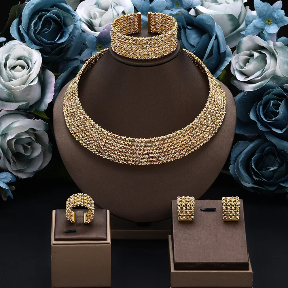 Dubai Wedding Bridal Full Jewelry Sets For Women Party Nigeria Gold Plated Beads Choker Necklace Jewelry Set 250211