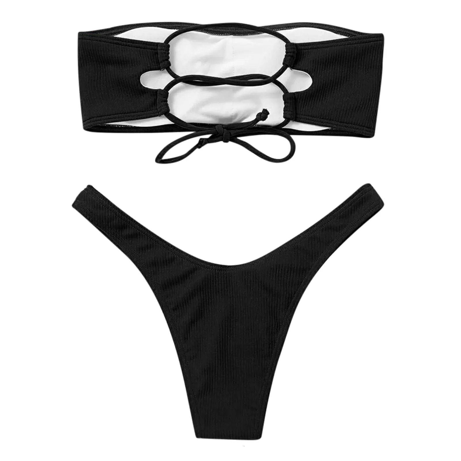 Sexy Bandeau Micro Bikini Set Women Swimwear Ribbed Solid Thong Biquini Swimsuit Strapless Beachwear Bathing Suit 2025 250211Z