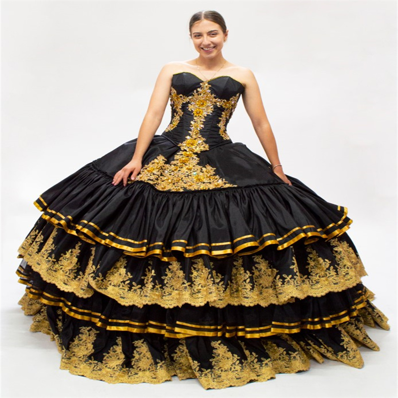 Luxury Black And Gold Vestidos De 15 Quinceanera Dress Mexican Charro Lace Birthday Party Dress Vestidos De Xv 15 Anos 2025 Sixteen Sweet 16 Dress Bal