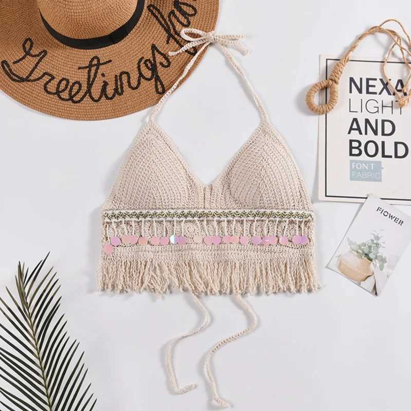 Sexy Boho Beach Vacation Camisole Womens Swimsuit Bra Halter Tank Top Knitted Tassels Hollow Out Cropped Tops Sveless TopsXJ250212