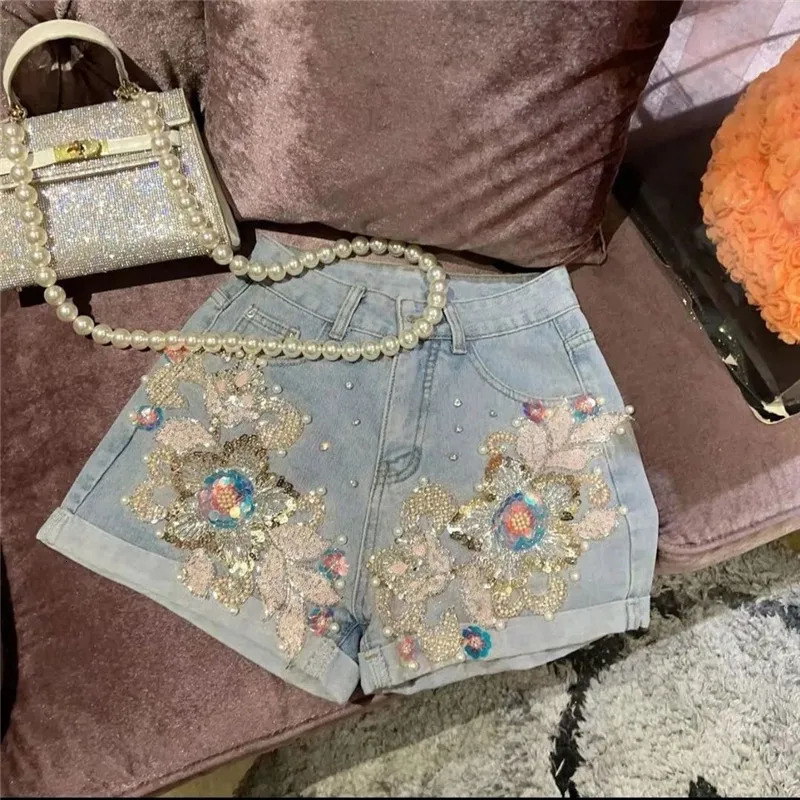 Limiguyue Summer High Quality Sequined Denim Shorts Wide Legs Diamond Jeans Pearl 3D Flowers Diamonds Short Pants Cow 062P 250212