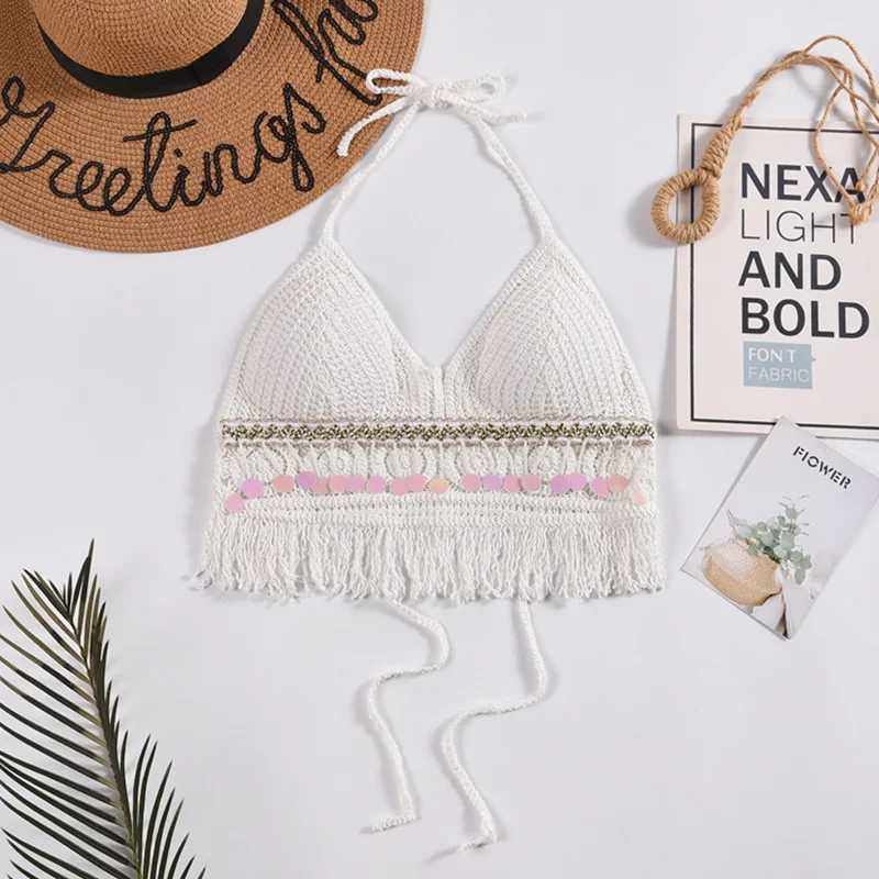 Sexy Boho Beach Vacation Camisole Womens Swimsuit Bra Halter Tank Top Knitted Tassels Hollow Out Cropped Tops Sveless TopsXJ250212