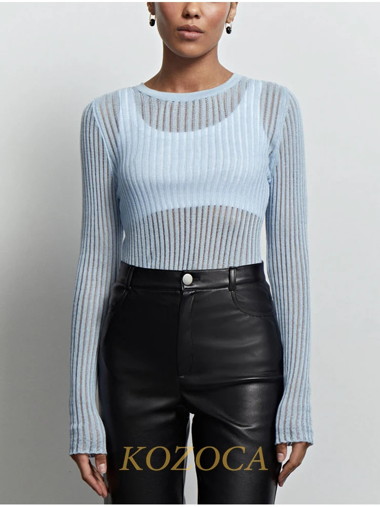 Kozoca Fashion White Elegant Striped See Through Women Tops Outfits Long Sleeve TShirts Tees Skinny Club Party Chic Clothes 250114