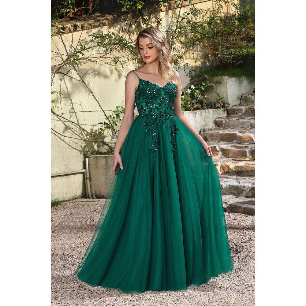 Soft Tulle Appliques Evening Dresses Dark Green Beaded Sequin Crystal Spaghetti Straps Formal Party Prom Gowns Vestido