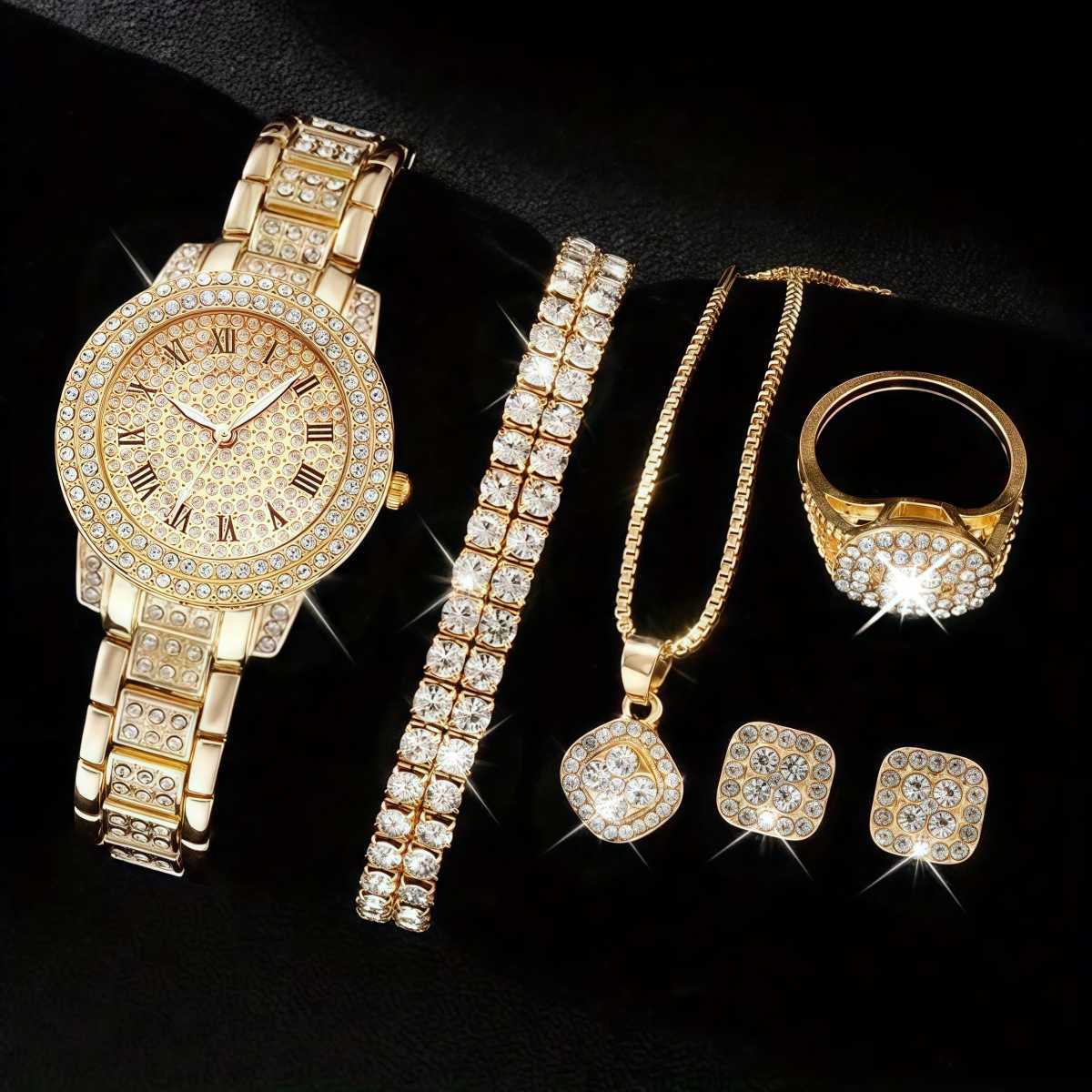 Ladies Treasure Bowl Diamond Set Watch Set 5pcs Bracelet Accessories Fashion Quartz Womens Watch Set W250212