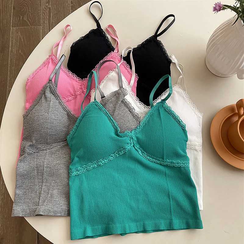 Women Summer 2025 Lace Fashion Tank Top Fe Korean Style V Neck Sveless Sexy Blouse Cropped KnitwearXJ250212