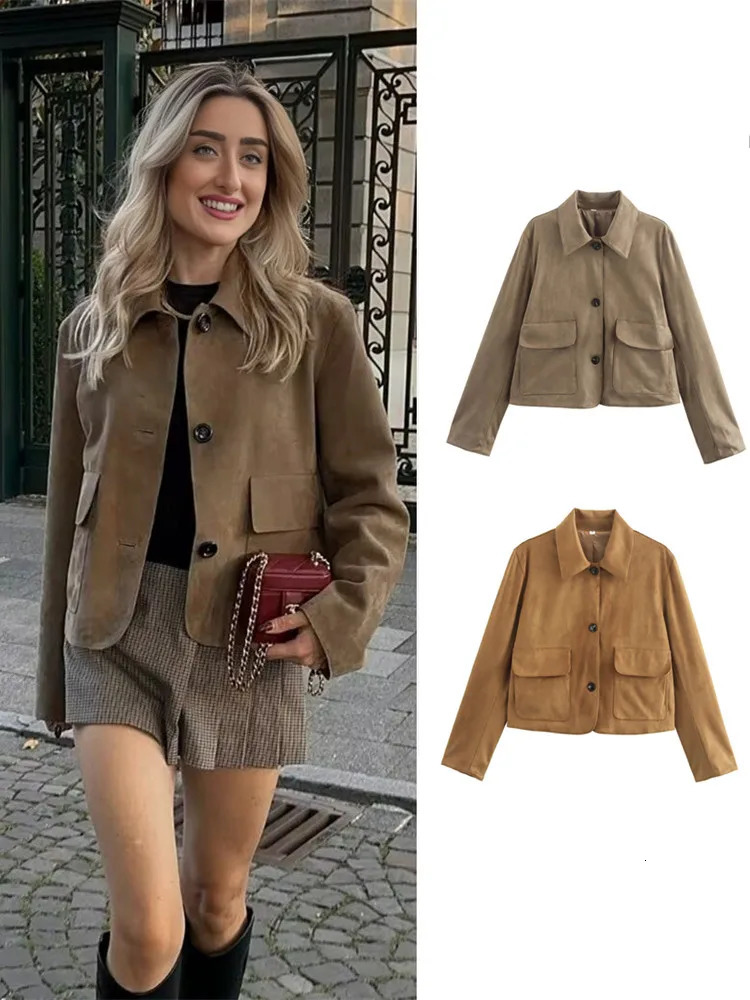 Ladies Vintage Suede Leather Long Sleeve Autumn Cropped Jacket Women Casual Lapel Single Breasted Pockets Streetwear Coat Female 250211
