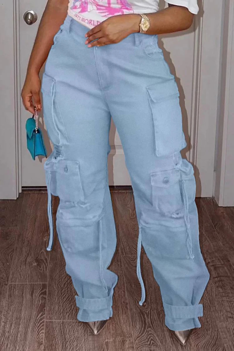 Plus Size Cargo Denim Jeans Pockets Buttons Women Fashion Jeans Pant High Waist Casual Streetwear Vintage Hip Hop Trousers Pant 250212