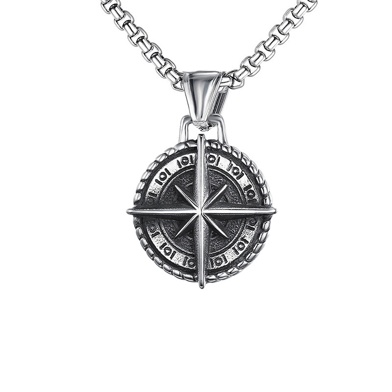 Hip Hop Vintage Stainless Steel Compass Pendant Necklace 18K Gold Plated Men Jewelry