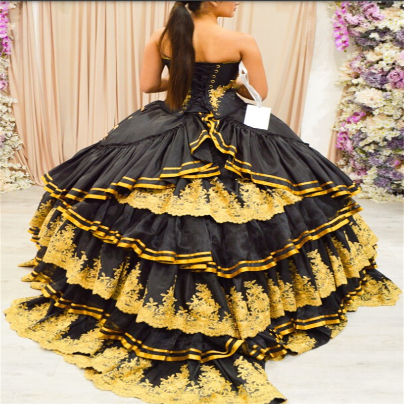Luxury Black And Gold Vestidos De 15 Quinceanera Dress Mexican Charro Lace Birthday Party Dress Vestidos De Xv 15 Anos 2025 Sixteen Sweet 16 Dress Bal