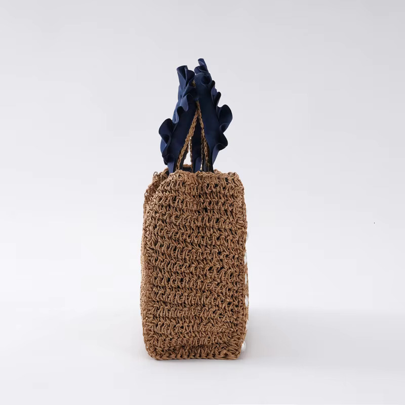 Pearls Straw Bags For Women Bohemian Ruched Handle Handbags Summer Woven Tote Handmade Travel Beach Bag Small Shopper new style