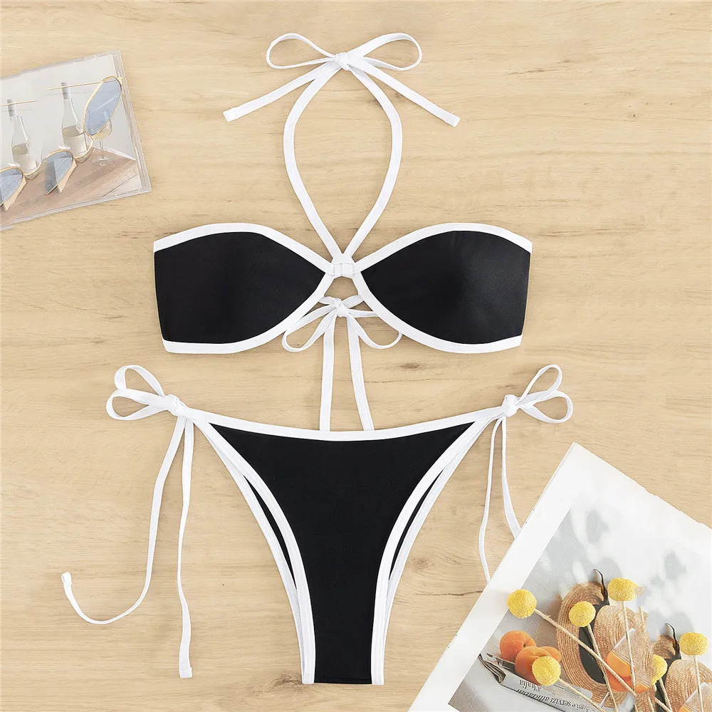 Black Halter String Micro Thong Bikini Contrast Edge Swimwear Sexy Swimsuit Women 2025 Bathing Swimming Suit Bikinis Sets Mujer 250210