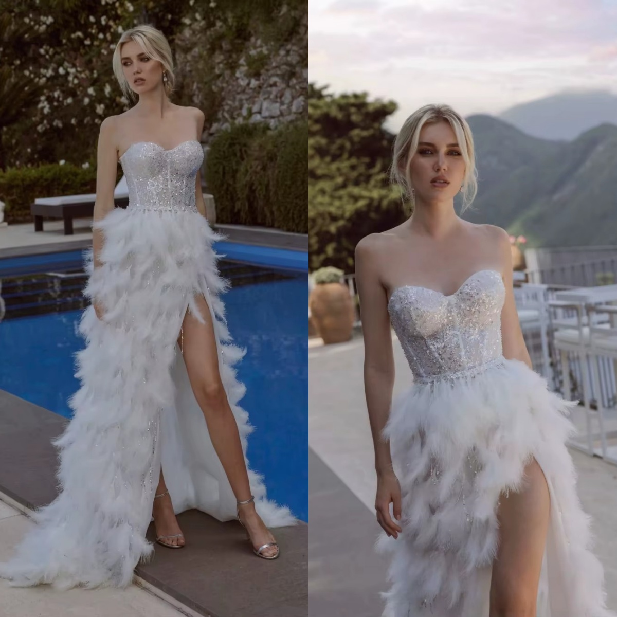 Fashion Evening Dresses For Women Sweetheart Neck Strapless Sleeveless Gown Sequins Feather Split Side Sweep Train Customized Dress