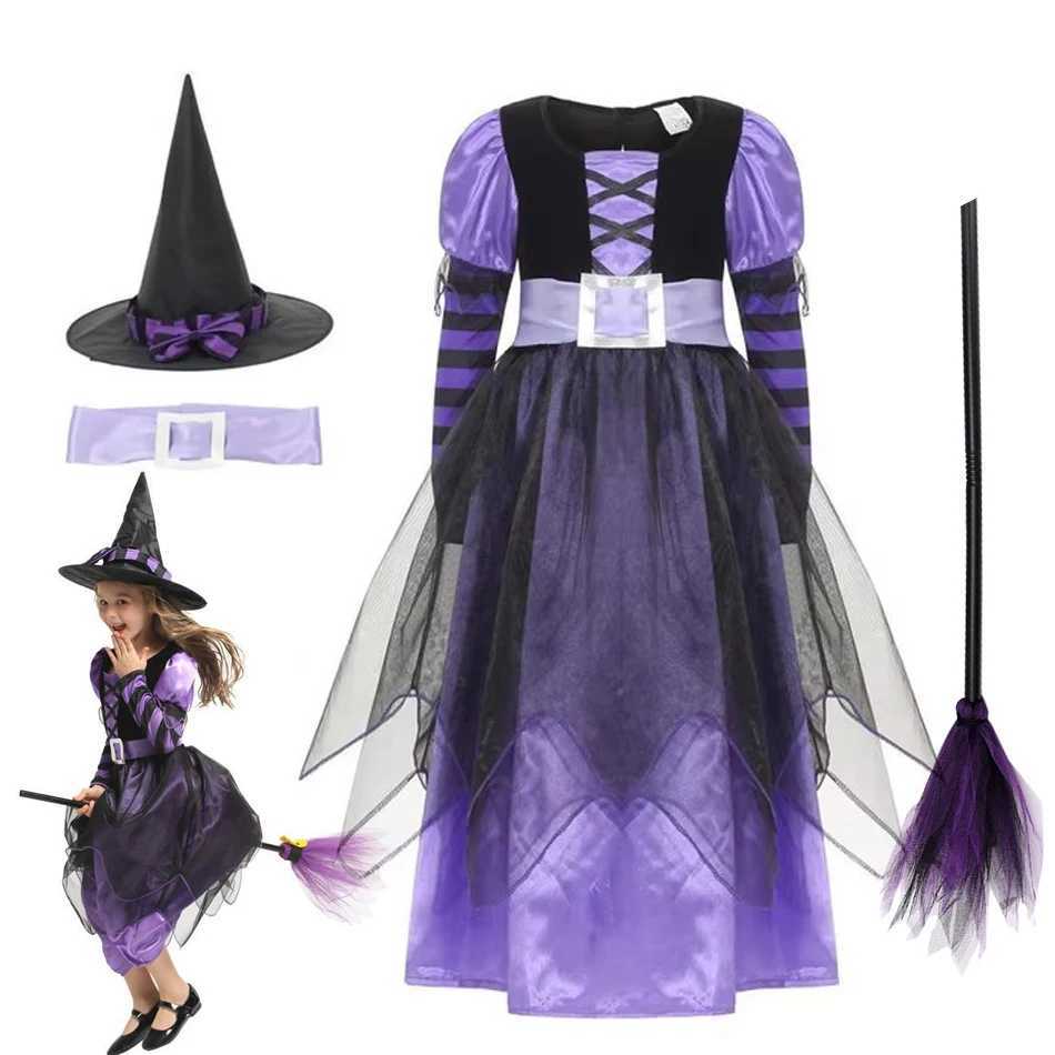 Kids Halloween Apparel Horror Dress Witch Costume with Hat Wand Girl Carnival Black Magic Villain Wizard Vampire Cosplay GownXJ250117