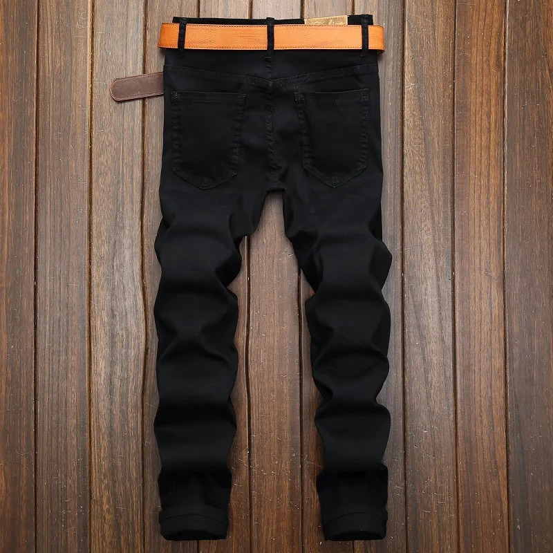 Mens Leather Zippered KneeLength Decorated Jeans Black Stretch Straight Slim Fit Casual Trendy Denim Trousers Male 250210