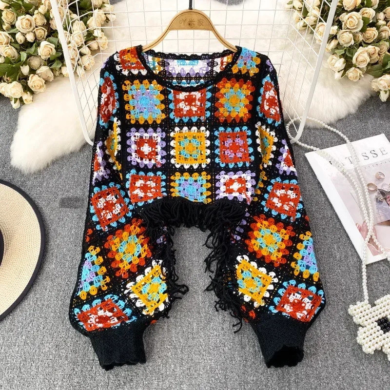 Chic Sweater Womens O-neck Color Blocking Sweaters For Women Knitted Hollow Out Pullover Feminina Tassel Lantern Sleeve Dropship 250210