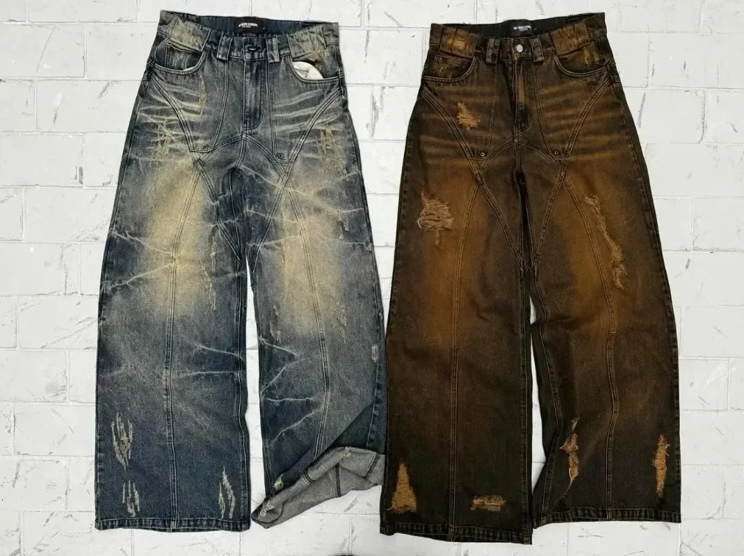 2000s Harajuku Pants Fashion Ripped Washed Loose Jean Retro Hiphop Goth High Waisted Wide Leg Denim Trousers 250211