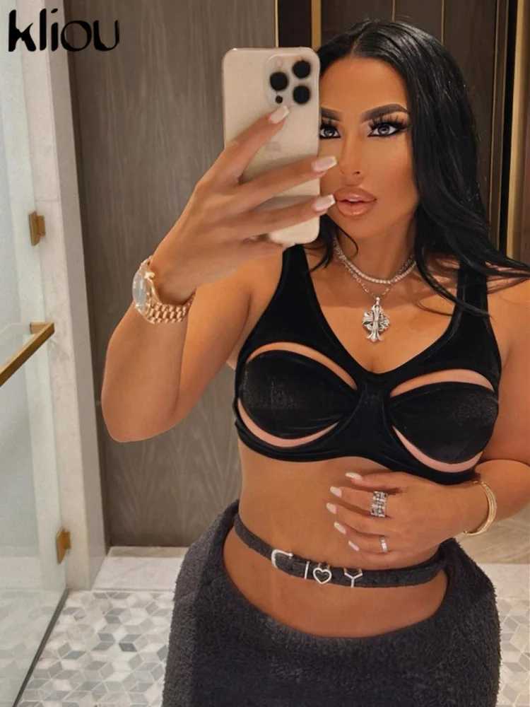 kliou Pleuche Sexy Hot Bikini Camisoles Women nning Cut Out Solid Concise Slim Party Club Crop Vests Fe New Nightout TopsXJ250212