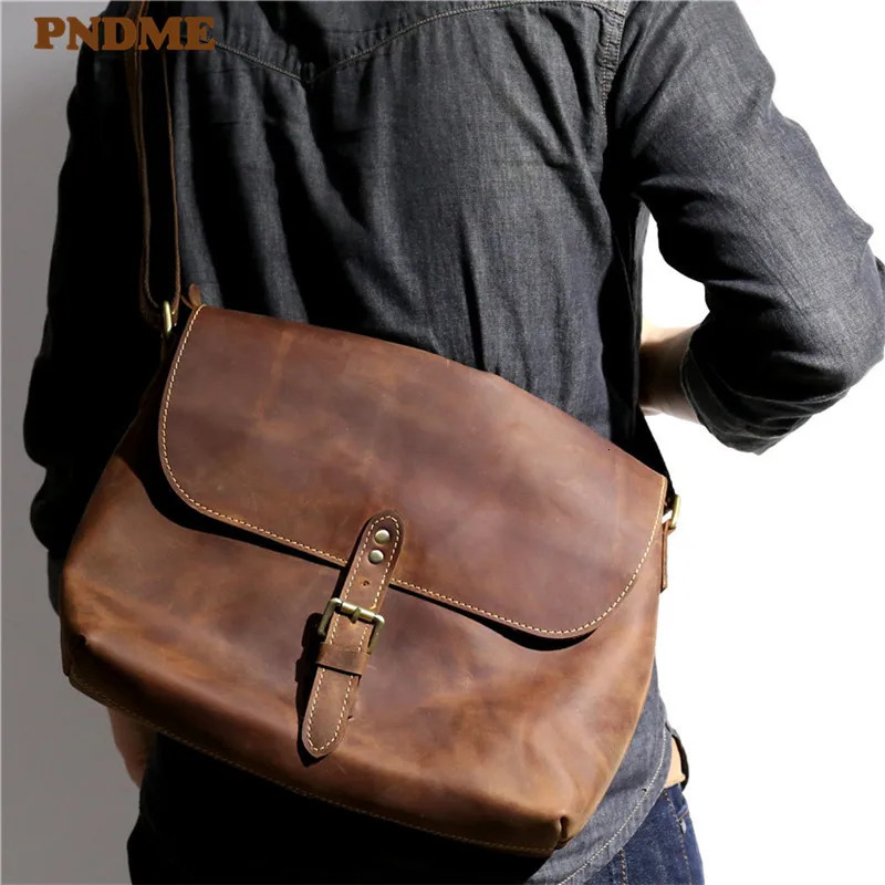 PNDME fashion trend vintage crazy horse cowhide mens shoulder bag outdoor casual daily genuine leather messenger bag 250207