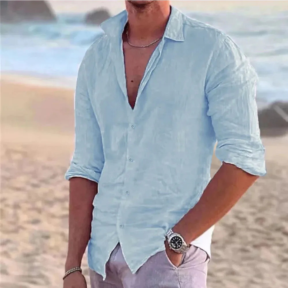 Mens Shirt Cotton linen Casual Polo Neck Beach Shirt Long Sleeve Solid Hawaiian Holiday Shirts Streetwear 250211