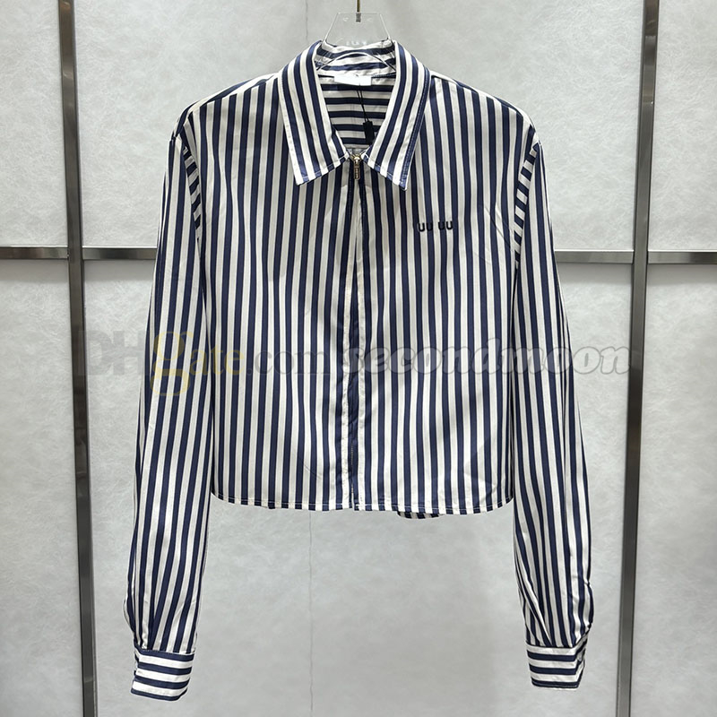 Women Zipper Neck Shirt Lapel Neck Long Sleeve Blouses Stripe Print T Shirts Luxury Letters Embroidered Blouse