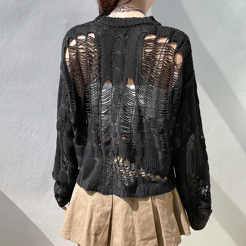 Hollow Out Pullovers Women Sexy Knitwear Top Black Chic Fishnet Loose Tops Long Sleeve Top Y2k Steetwear Women Clothing 250210