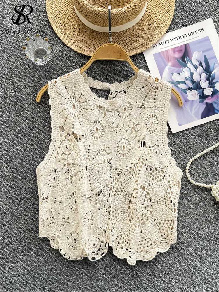 SINGREINY Korean Basic Knitting Tank Tops Fe Sveless Hook Flower Hollow Chic Design Summer Sweet Fashion Knitted BlouseXJ250212