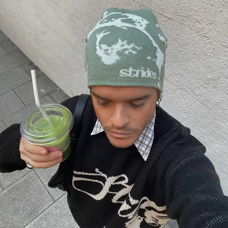 Mens Beanie Strides Splatter Beanie Korean Wnter Knit Vintage Y2k Hats Streetwear Wool Caps Fashion Aesthetic Unisex Accessories X250212