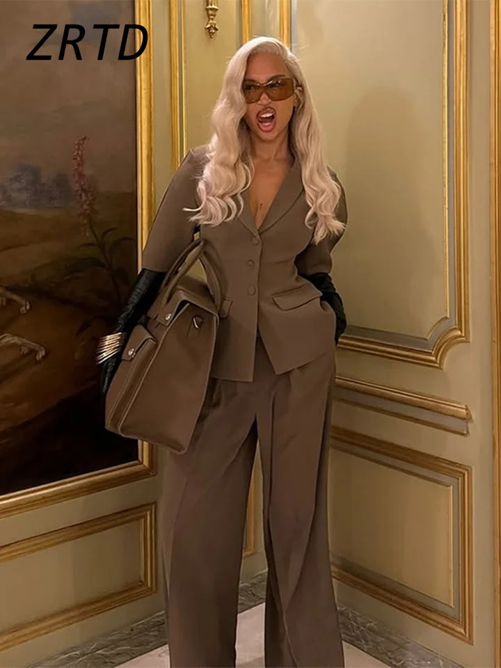 Elegant Solid Blazer Pants Set Shoulder Pads Button Short Sleeve Jacket Wide Leg Trousers 2025 Spring Lady Street Outfits 250211Z