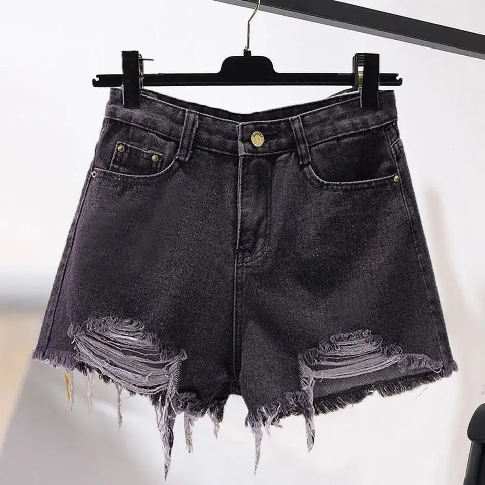 Summer Womens Cow Shorts Korean High Waist Casual Denim Shorts Pocket Tassel Perforated Ripped Holes Y2K s White Jeans 250212