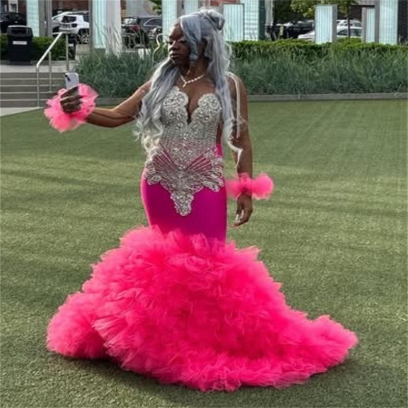Hot Pink Mermaid Prom Dresses With Diamond Luxury Black Girls Birthday Dress Ruffles Long Sleeve Plus Size Evening Dress Vestio De Fiesta Gorgeous abi