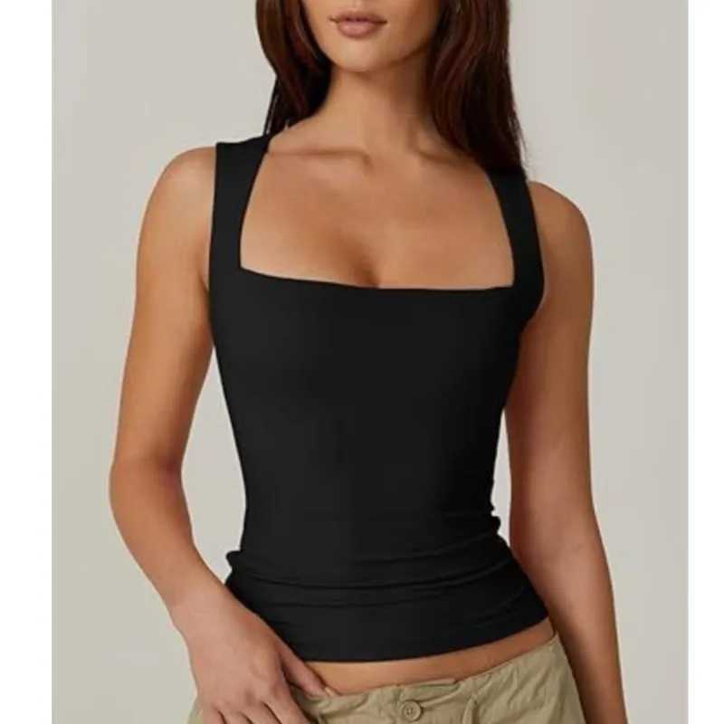 2024 Seaside Vacation Summer New Solid Color Womens Square Neck Sveless Double Layer Tank Top Basic Tight T-shirt for WomenXJ250212